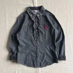 希少　00s　archive　当時物　mezzo piano　メゾピアノ　トランプ柄刺繍　ダイヤ　スペード　クラブ　ハート　♡型ポケット　ロゴ刺繍　胸元フリル　ブラックデニムシャツ　長袖ブラウス　スナップボタン　水玉柄裏地　150M　Y2K　平成女児　ナルミヤ