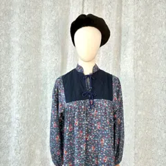 ヴィンテージ 花柄　アニマル柄　ワンピース レトロ柄 長袖ワンピース ブルー系 フラワープリント レトロワンピース レディース クラシカル 古着ワンピース