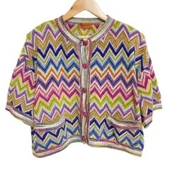 美品 MISSONI ミッソーニ シェブロン ボーダー ショートスリーブ ニットジャケット カーディガン マルチカラー レディース 古着 中古 USEDのサムネイル
