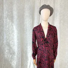 ペイズリー柄　カシュクールワンピース レッド×ブラック レーヨンワンピース 長袖 レトロ ヴィンテージ レディース古着