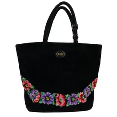 美品 FEILER フェイラー シュニール織 フラワー刺繍 トートバッグ ブラック レディース 古着 中古 USED