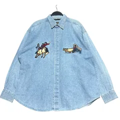 Bugatchi Uomo ブガッチ ウオモ ウエスタン カウボーイ アニマル 馬車 刺繍 長袖 デニムシャツ メンズXL 古着 ライトブルー 青 ビンテージ ヴィンテージ 【長袖シャツ】/ IA216