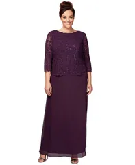 アレックスイブニングス レディース トップス ワンピース プラスサイズ スパンコール レース Alex Evenings Plusequined Scallopedge Lace Top Gown Deeplum プラム