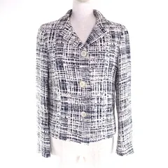 美品★PRADA プラダ 裏地シルク100％ ツイードジャケット シングルジャケット アウター ホワイト ネイビー 44 イタリア製 正規品 レディース