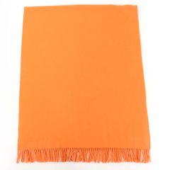 良品☆HERMES エルメス カシミヤ100％ ロゴ刺繍 フリンジ付 大判 ショール ストール マフラー オレンジ レディース