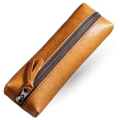 ペンケース 本革 イタリアントスカーナ植物タンニンなめし革 YKKファスナー スリム 小さい 筆箱 四角 かわいい シンプル レトロ 職人手作り 大容量 スクエアタイプ (ライトブラウン)