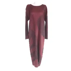 極美品★PLEATS PLEASE プリーツプリーズ イッセイミヤケ 23AW PP33JH553 クルーネック 長袖 ロング丈 プリーツ ワンピース ボルドー系 ブラック 5 日本製 正規品 レディース