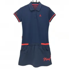 【超美品】ルコックゴルフ 半袖ポロワンピース ネイビー×レッド 襟裏ボーダー ロゴ刺しゅう レディース L ゴルフウェア le coq sportif