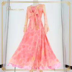 社交ダンス 衣装 スタンダード ドレス ワンピース レッスンウェア パーティドレス レディース ピンク系 オレンジ系 花柄 レース フェミニン フローラル 刺繍 エレガント ボリューム フレア サテン ストレッチ