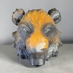 熊面 木彫り 作家物 置物 クマ 縁起物 彫刻 北海道 民芸 工芸品 木工芸 インテリア 骨董品 アンティーク