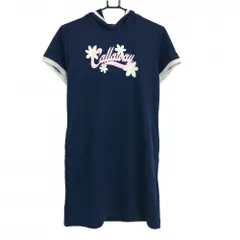 【超美品】キャロウェイ フード付半袖ワンピース ネイビー×白 胸元プリント 花 レディース L ゴルフウェア Callaway