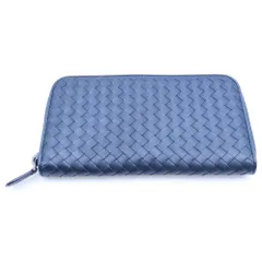 BOTTEGA VENETA (ボッテガヴェネタ) イントレチャート ラウンドファスナー長財布 ロングウォレット カードケース ネイビー レザー