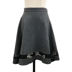 ジルスチュアート JILL STUART スカート フレア ミニ 無地 切替 レース ウール 2 グレー 黒 ブラック