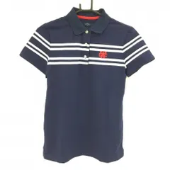 【超美品】キャロウェイ 半袖ポロシャツ ネイビー×白 上部ボーダー 襟ストライプメッシュ レディース L ゴルフウェア Callaway