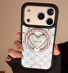 ブルーチェック柄ハート 磁気吸着スタンド付き iPhoneケース iPhone17 / 16 / 15 Pro / 14 / 13対応