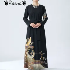 ❦Kaena❦　着物リメイク　大きいサイズ　作家物　タック　ワンピース　ロング　マキシ　ドレス　黒留袖　Aライン　結婚式　入学式　卒業式　パーティー　オケージョン　ブラック　フォーマル　ステージ衣装　お呼ばれ　セレモニー　正絹　刺繍　金彩