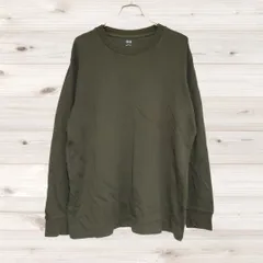 A1426 ユニクロ UNIQLO Tシャツ 長袖 ロンT(LL XL) カーキ 無地 綿 Uネック ノーカラー