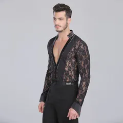 新品 未使用 メンズ ラテンダンス衣装 深Vネック レースシャツ ラインストーン装飾 社交ダンス トップス 男性用 競技ダンス 舞台演出 ダンスウェア ブラック ホワイト
