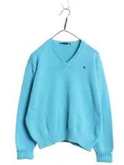 【お得なクーポン配布中!】 ラルフローレン Vネック コットン ニット セーター レディース L / 古着 ポロ スポーツ 長袖ニット ワンポイント ゆったり シンプル ブルー