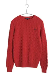 【お得なクーポン配布中!】 ラルフローレン コットン ケーブル ニット セーター メンズ S 古着 ポロ ワンポイント 長袖ニット クルーネック シンプル きれいめ レッド