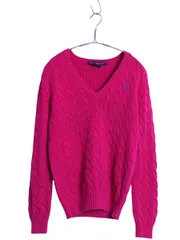 【お得なクーポン配布中!】 ラルフローレン Vネック コットン ケーブル ニット セーター レディース L / 古着 ポロ スポーツ 長袖ニット ワンポイント きれいめ ピンク