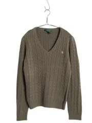 【お得なクーポン配布中!】 00s ローレン ラルフローレン Vネック コットン ケーブル ニット セーター レディース L / オールド ポロ 長袖ニット ワンポイント カーキ