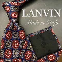 【美品】LANVIN ネクタイ チェック 総柄 小紋柄 ネイビー 花柄