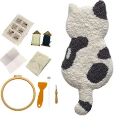 【数量限定】日本語説明書 刺繍セット 猫 コースター キット ニードルパンチ フリーステッチング パンチニードル (灰色)
