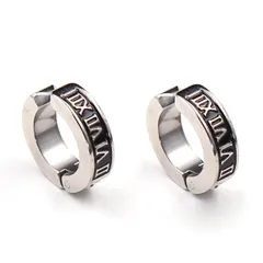 【在庫セール】装着 簡単 挟むだけ スプリング バネ式 男女兼用 ユニセックス メンズ レディース ピアス フェイク ノンホール (ローマ数字) リング フープ セット 2個 両耳 銀 黒 シルバー ブラック イヤリング イヤーカフ フェイクピアス (アロハモ