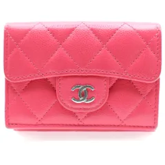 CHANEL (シャネル) マトラッセ スモール フラップ ウォレット 三つ折り財布 ピンク キャビアスキン シルバー金具