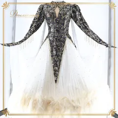社交ダンス 衣装 スタンダードドレス ワンピース ドレス ブラック系 ホワイト系 黒 白 ファー プリーツ デモ 競技 ダンス パーティ 発表会 スパンコール 華やか ボリューム おしゃれ イベント用 フォーマル