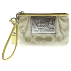 COACH (コーチ) シグネチャーポーチ ケース バッグチャーム 収納 イエロー×ベージュ レザー×キャンバス シルバー金具