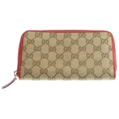 GUCCI (グッチ) GGキャンバス ラウンドファスナー長財布 ロングウォレット カードケース ベージュ×レッド レザー×キャンバス 363423 ゴールド金具