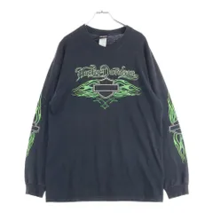 HARLEY DAVIDSON (ハーレーダビッドソン) 00s VINTAGE GREEN FLAMES L/S TEE フレイムス 袖ファイヤー 長袖Tシャツ ブラック/グリーン