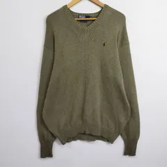90s Polo by RALPH LAUREN ポロバイ ラルフローレン Vネック コットン ニット セーター ポニー 刺繍 古着 VINTAGE 100 カーキ系 C552