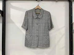 Leilian レリアン セットアップ 半袖ジャケット スカート サイズ9 グレー ピンク チェック柄 ウール100% ひまわり型ボタン シミ有り