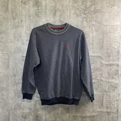 【T-723】POLO ポロ ボーダー スウェット M相当 グレー ブラック ワンポイントロゴ クルーネック 長袖 トレーナー メンズ 古着 カジュアル シンプル トップス