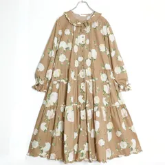 【美品】ピンクハウス★ホワイトローズpt♪ローンワンピース モカ系 前開き フリル&リボン♪2025早春カタログ掲載！z18736