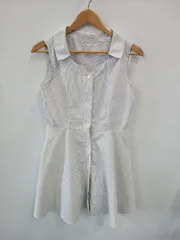 ピB405●MIIA●ミーア●ひざ丈ワンピース●ノースリーブ●フロントボタン●ストライプ●シャツワンピ●レディース●size F●白×紺