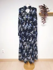 H&M エイチ・アンド・エム オーバーサイズ ロング丈ワンピース 44 55 フラワー ネックリボン マキシ ブラック XS