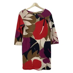 ダイアグラム ワンピース サイズ36 S レディース美品  - レッド×ベージュ×マルチ クルーネック/七分袖/ひざ丈/冬/リーフ柄