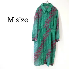 レディース ワンピース ロング シャツワンピース 襟付き 長袖 ロングスリーブ フロントボタン ハイウエスト Aライン 総柄 柄物 プリーツ 昭和レトロ 個性的 M