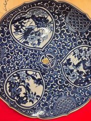 古伊万里 印判手 染付 大皿 35.5cm 唐子 楼閣山水 花鳥文 ※ニュウ有