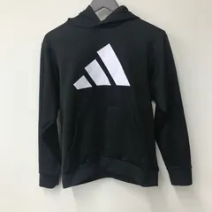 N3021【160ｃｍ ジュニア】adidas アディダス フード付 プルオーバー パーカー 内側フリース トレーナー ブラック ロゴプリント ポリエステル