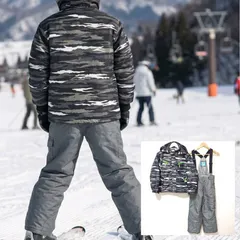 雪遊びにも【AIR WALK】エアウォーク スキー 上下セット セットアップ スノーボード ウェア スノボ キッズ 子供用 男の子 迷彩 カモフラ 総柄 グレー 灰色 撥水 防寒 中綿 ジャケット パンツ サロペット 140サイズ /M43572jQ