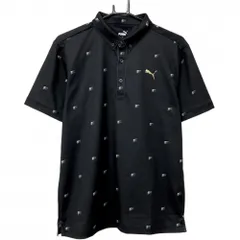 【美品】プーマ 半袖ポロシャツ 黒×白 総柄 ボタンダウン ゴールドロゴ メンズ L ゴルフウェア PUMA