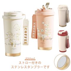 タンブラー 水筒 ストロー付きタンブラー 蓋付き 3way 直飲み ストロー付き コーヒータンブラー マグボトル 魔法瓶 530ml 大容量 鈴蘭柄 持ち運び 漏れ防止 車カップホルダー対応 保温 保#amyz4767
