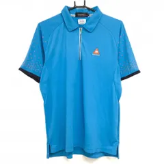 ルコックゴルフ 半袖ポロシャツ ライトブルー×オレンジ 袖ロゴ総柄 ハーフジップ メンズ M ゴルフウェア le coq sportif