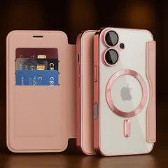 iPhone 16 ケース ピンク 手帳型 カード収納 MagSafe対応 レザー調 高級感 耐衝撃 背面クリア スマホカバー ピンク 可愛い おしゃれ 女性 プレゼント
