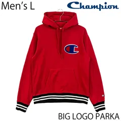 【USED／メンズL】CHAMPION ビッグロゴ プルオーバー パーカー レッド